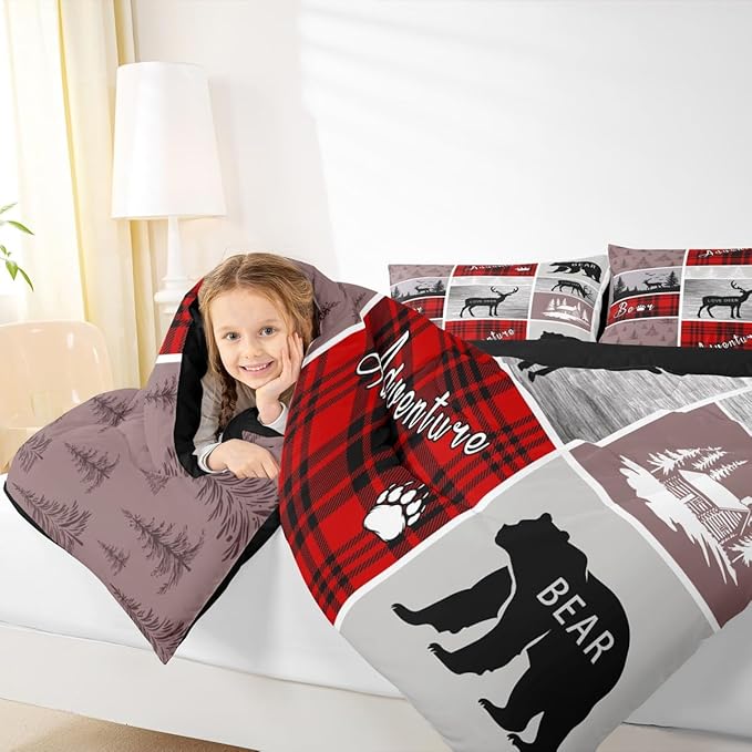 Erosebridal Rustic Plaid Patchwork Comforter Set Full, Hunting Bear Deer Bedding Set Country Farmhouse Vintage Duvet Insert Woodland Wild Animal Grid Claw Quilt Adventure Camping Bedroom Decor, Red