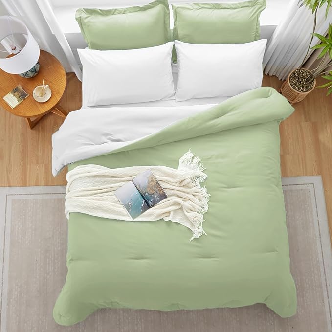 King Size Comforter Set Light Green Reversible Bedding Set, 7 Pieces Soft Bed in a Bag King with Comforter, Sheets, Pillowcases & Shams, All Season Boho King Bed Set