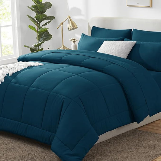 CozyLux Queen Size Comforter Sets Lyons Blue, 7 Pieces Bed in a Bag, Blue Comforter Queen Size, All Season Bedding Sets with Stitch Quilted Comforter, Flat Sheet, Fitted Sheet, Pillowcases