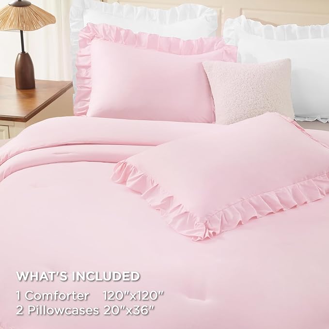 Andency Super King Ruffle Comforter Set, 3 Pieces Cute Shabby Chic Farmhouse Bedding Set, Soft Lightweight Oversized King Comforter Set 120x120 for Girls Women (1 Comforter 2 Pillowcases), Pink