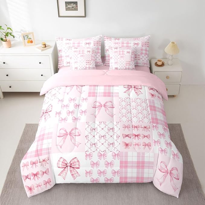 Feelyou Pink Bow Comforter Set with Sheets 7 Piece Twin Size Cute Bowknot Bedding Set for Kids Boys Girls Bow Plaid Grid Bed in a Bag Princess Decor Room Decor Soft Lightweight Microfiber