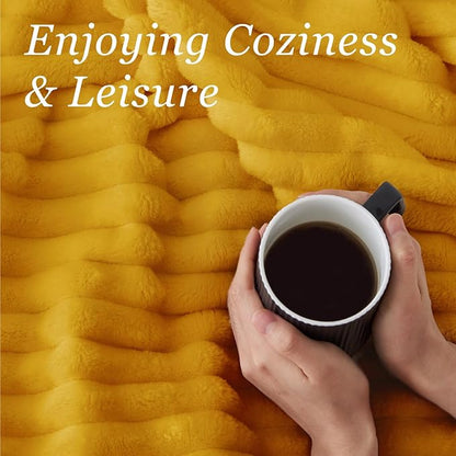 BEDELITE Fleece Throw Blanket for Couch - 300GSM Soft & Warm Fluffy Mustard Yellow Blanket, Decorative and Giftable Striped Blankets for Women, Men, 50"x60"