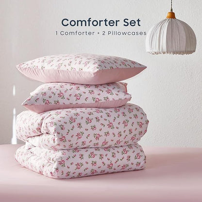 Wake In Cloud - Floral Comforter Set, Coquette Cottagecore Aesthetic Flower Shabby Chic Pattern for Women Teen Girls, Soft Lightweight Bedding, 3 Pieces, Pink, Full Size