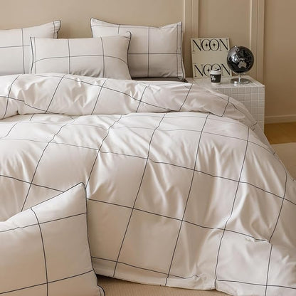 CLOTHKNOW White Plaid Queen Comforter Set Grid Bedding Comforter Sets All Season Big Checker Comforter Queen Size with 2 x Pillow Cases