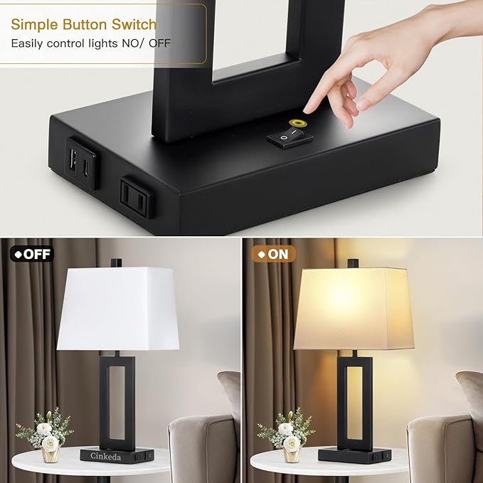 Table Lamp Set of 2 with USB C+A Ports & AC Outlet, Bedside Lamps, Modern Bedroom Lamps, Black Lamps for Night Stands Bedroom Living Room,Nightstand Lamp（Push Button Swich
