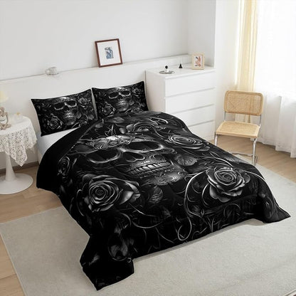 Erosebridal Gothic Bedding Set for Adluts Kids Teens Goth Skull Twin Comforter Set Vintage Victorian Romantic Gray Rose Floral Quilt Spooky Grunge Skeleton Boho Horror Bedding,Gothic Decor