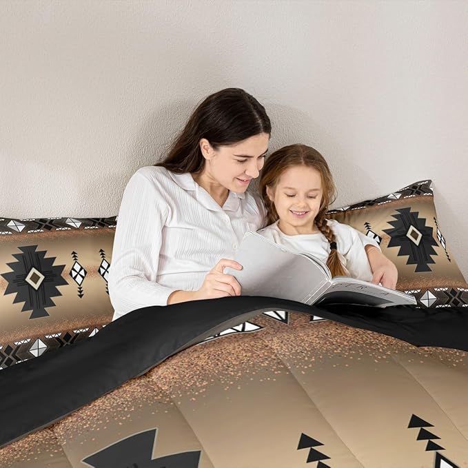 Erosebridal Western Aztec Bedding Set for Boys, Native Tribal Ethnic Comforter Set Toddler Size Farmhouse Boho Geometric Duvet Insert Southwestern Ethnic American Native Quilt for Adult, Brown Black