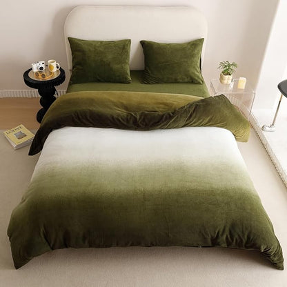Karever Green Velvet King Gradient Olive Green Bedding Comforter Set - Women's Plain White and Army Green Gradient Soft Quilt Flannel Dark Green Comforter for Warm King Bed