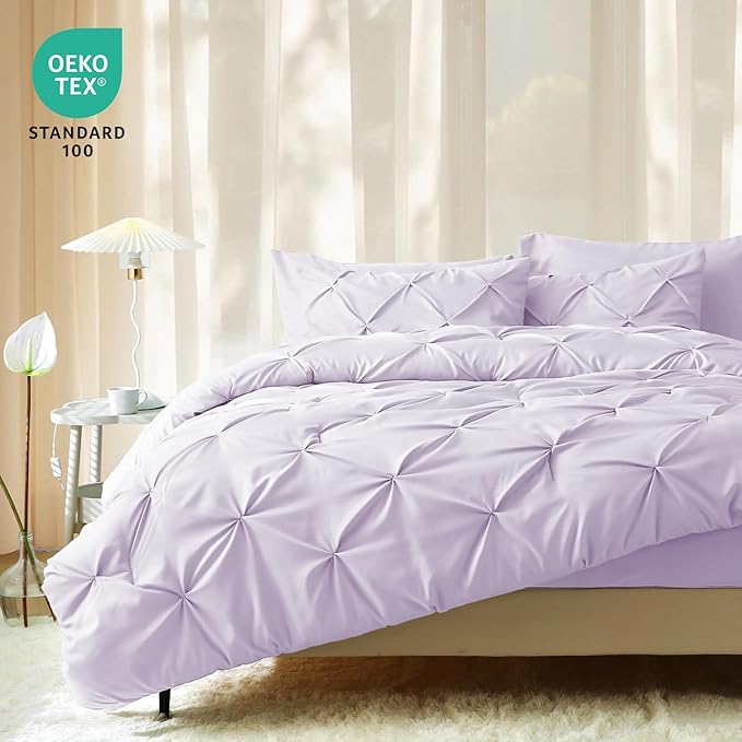 JOLLYVOGUE King Size Comforter Set 7 Pieces - Bed in a Bag King for All Season, Pintuck Bedding Comforter Sets with Comforter, Flat Sheet, Fitted Sheet and Pillowcases & Shams, Light Purple
