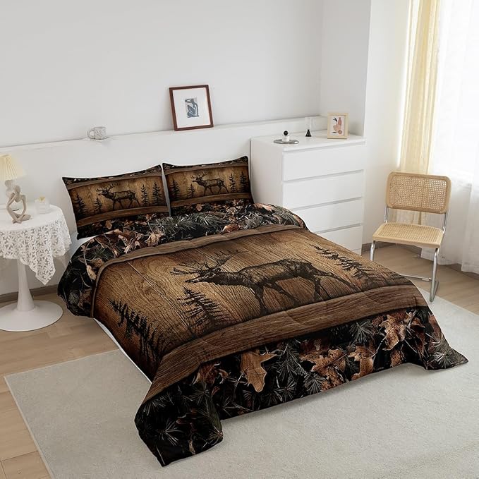 Erosebridal Camo Moose Bedding Comforter Sets Rustic Tree Camouflage Wildlife Bedding Set Toddler Woodland Hunting Animal Comforter Set for Kids Boys Men Farmhouse Wood Board Pine Tree Quilt Set
