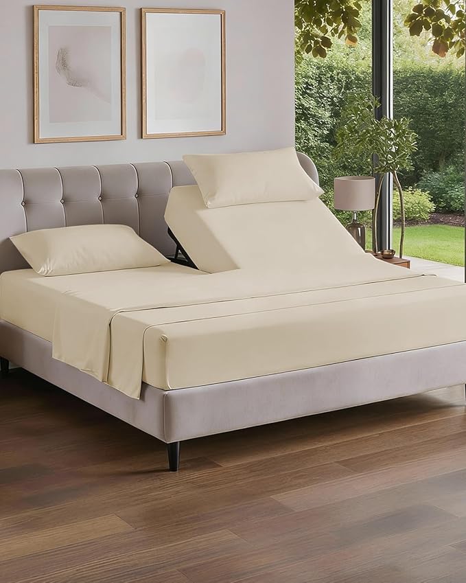 Split Head King Sheet Set – 4 Piece Flex Split Top King Sheets for Adjustable Beds - Fits 14” to 16" Mattress w/ Deep Pockets - Soft, Breathable & Cooling - Luxury Bedding and Wrinkle Free - Off White