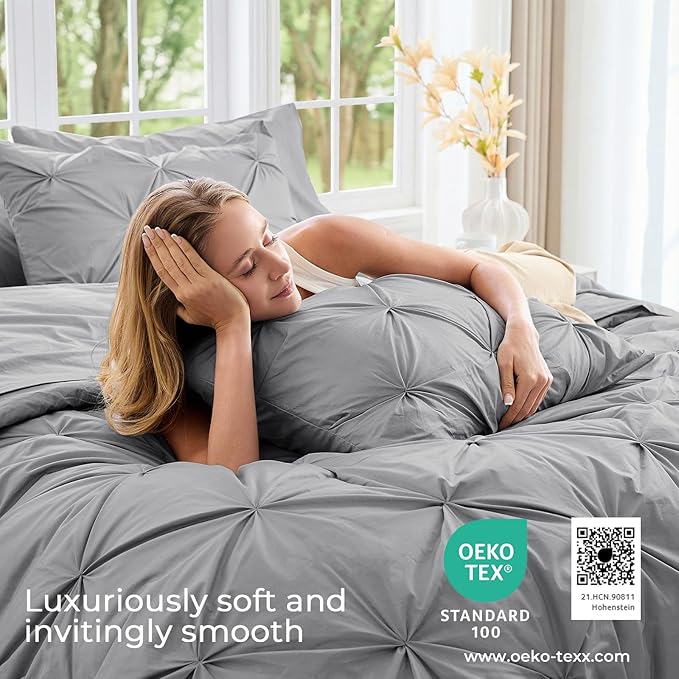 Sasttie King Size Comforter Set, 7-Piece Bed in a Bag, Pintuck Bedding Sets for All Season, Includes Comforter, Flat Sheet, Fitted Sheet, Pillowcases and Pillowshams, Light Grey