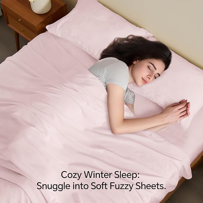 BEDELITE Flannel Sheets Full Size Pink - Super Soft Fleece Sheets Set Fluffy Extra Plush, 4 Piece(Include Fitted Sheet, Flat Sheet, 2 Pillowcases)
