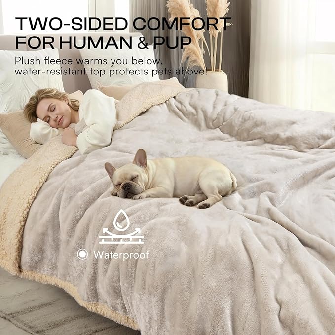 Waterproof Pet Blanket, Liquid Pee Proof Dog Blanket for Sofa Bed Couch, Reversible Sherpa Fleece Furniture Protector Cover for Small Medium Large Dogs Cats, Grey Beige Medium（57" x 40"）
