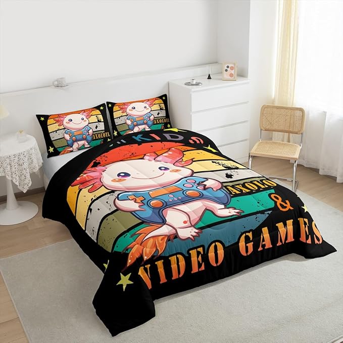 Gamer Bedding Set Axolotl Comforter Set King, Video Games Gaming Down Comforter For Kids Boys Girls Teens, Rainbow Duvet Set, Cute Wildlife Animal Bedroom Decor, Pink Orange, With 2 Pillow Cases