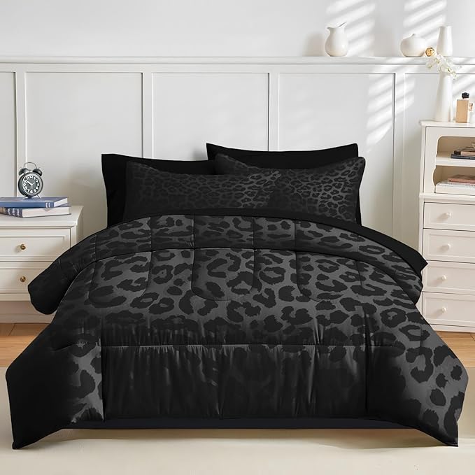 Nesker 5 Pcs Comforter Set Twin Size, Leopard Print Wild Animal Bedding Set for Kids and Adults, Black Grey African Cheetah Wildlife Bed Sheet Sets with Fitted Sheet Pillowcases & Shams