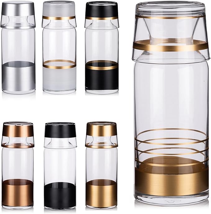 GARIZZE Bedside Water Carafe and Glass Set for Bedroom, Bedside Carafe and Glass Set, Mouthwash Decanter for Bathroom, Water Carafe with Glass Cup for Nightstand (24-oz/7-oz)(GOLD STRIPE)Standard Pack