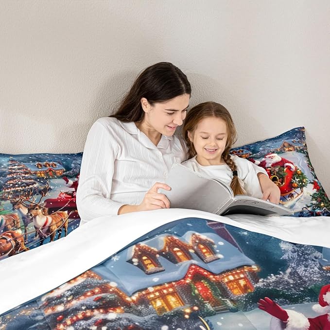 Santa Claus Comforter Set Full Size,Merry Christmas Bedding Set 3Pcs for Kids Girls Boys Teens Room Decor,Elk Deer Sled and Xmas Tree Quilt Set Rustic Farmhouse Duvet Insert,2 Pillowcases