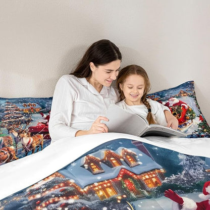 Santa Claus Comforter Set Full Size,Merry Christmas Bedding Set 3Pcs for Kids Girls Boys Teens Room Decor,Elk Deer Sled and Xmas Tree Quilt Set Rustic Farmhouse Duvet Insert,2 Pillowcases