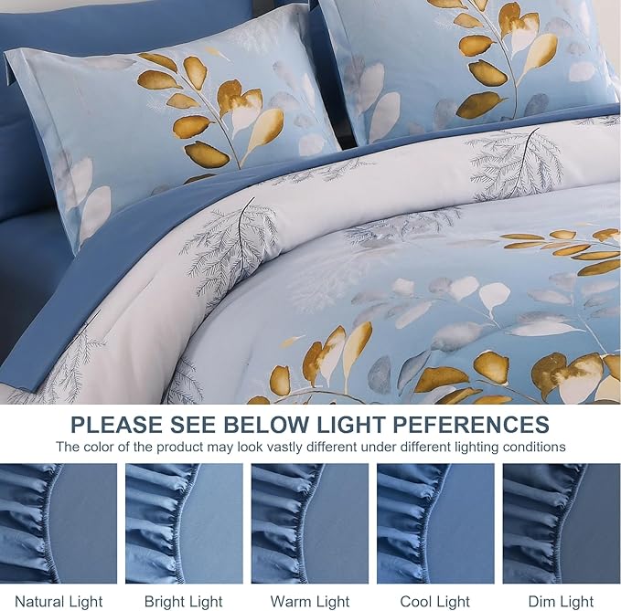 Anibedding Botanical Queen Comforter Set, 7 Piece Blue Gold Gradient Leaves Ultra Soft Microfiber Down Alternative Bedding Set with Sheets and Pillowcase for All Season