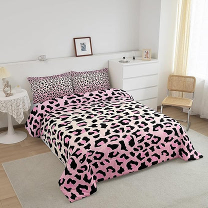 Feelyou Pink Leopard Bedding Set Cheetah Comforter Set for Kids Boys Girls Teens Room Decor Animal Print Comforter Full Size Safari Duvet Set 3Pcs