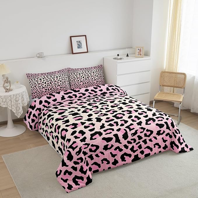 Feelyou Pink Leopard Bedding Set Cheetah Comforter Set for Kids Boys Girls Teens Room Decor Animal Print Comforter King Size Safari Duvet Set 3Pcs