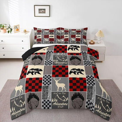 Rustic Cabin Bear Deer Bedding Set, Retro Wooden Barn Door Comforter Set Wild Animals Adventure Camping Patchwork Quilt Vintage Farm Country Bedding Comforter Sets Lodge Decor For The Home, King