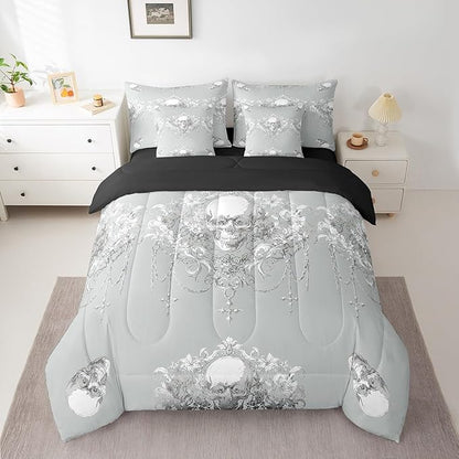 Erosebridal Gothic Bed in a Bag Queen Comforter Set 7 Piece,Goth Sugar Skull Grey White Damask Bedding Set,Bohemian Vintage Floral Comforter and Sheet Set,Exotic Antique Victorian Baroque Decor