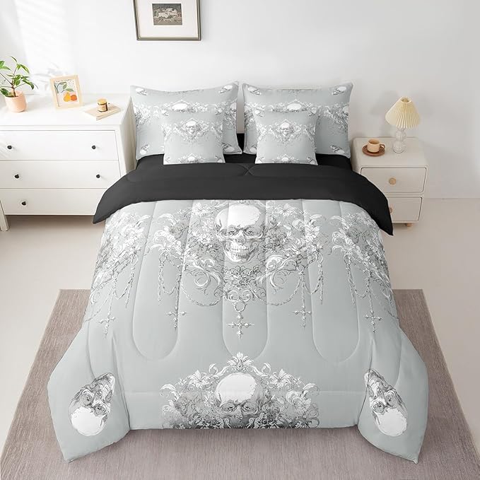 Erosebridal Gothic 7 Piece Comforter Set Full Bed in a Bag,Goth Sugar Skull Grey White Damask Bedding Set,Bohemian Vintage Floral Comforter and Sheet Set,Exotic Antique Victorian Baroque Decor