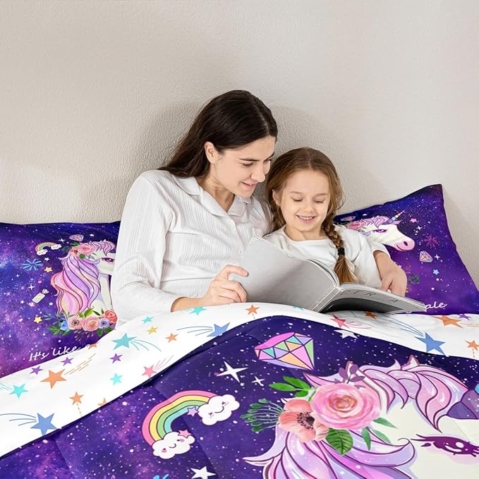 Unicorn Gifts for Girls,Kawaii Comforter Set Glitter Galaxy Bedding Set for Kids Toddler,Cartoon Magical Animal Duvet Insert Cute Horse Quilt Twin,Purple Unicorn Room Decor for Girls Bedroom