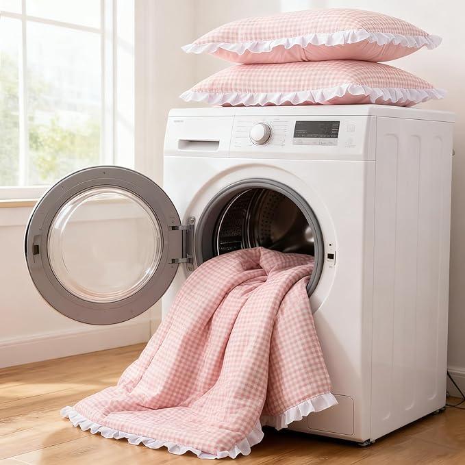 A Nice Night 5 Pieces Lightweight Soft Rustic Pink Ruffle Comforter, Plaid Checkered Chic Bedding Comforter Set for Queen Bed