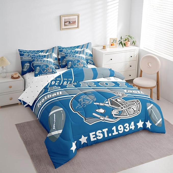 Feelyou Football 7 Pieces Comforter Sets King Size Kids Rugby Sports Bedding Set for Boys Kids Teen Sports Theme Football City Bed in a Bag with Comforter, Sheets, Pillowcases & Cushion Cover