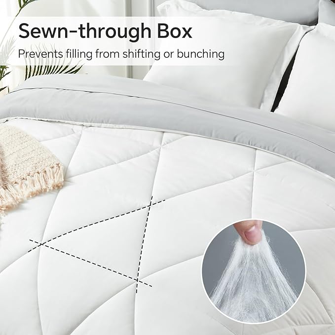 BEDELITE King Size Comforter Set 7 Pieces Bed in A Bag - Soft Microfiber Reversible White Bed Set with Comforters, Sheets, Pillowcases & Shams, Cozy Luxury Bedding Sets for All Season