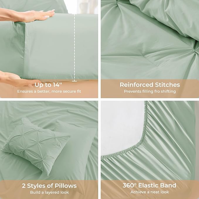 Sasttie King Size Comforter Set, 7-Piece Bed in a Bag, Pintuck Bedding Sets for All Season, Includes Comforter, Flat Sheet, Fitted Sheet, Pillowcases and Pillowshams, Sage