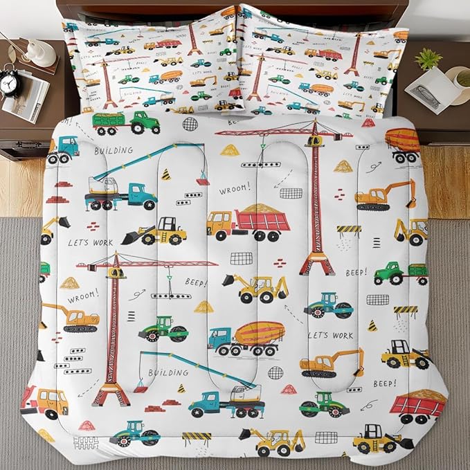 Construction Vehicle Car Comforter Set for Boys Kids Toddlers Teens Adults Twin, City Truck Bedding Sets Water Washed Microfiber Bedding with 1 Comforter 1 Pillowcase All Season