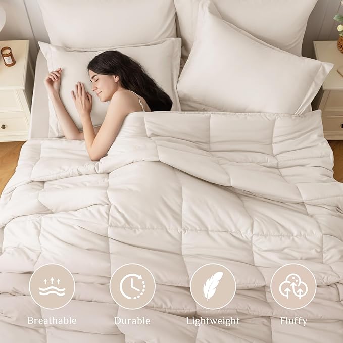 JOLLYVOGUE Twin Comforter Set, Ultra-Soft Bed in a Bag Twin Size 5 Pieces, Oeko-TEX Certified Bedding Set with Down Alternative Comforter, Sheets, Pillowcases & Shams, Beige