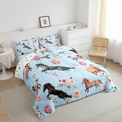 Horse Comforter Set King for Cowboy Cowgirl,Southwest Rose Petal Bedding Set for Youth Adult,Rustic Horse Quilt Set for Bedroom Decor,Vintage Farmhouse Wildlife Down Comforter with 2 Pillowcases
