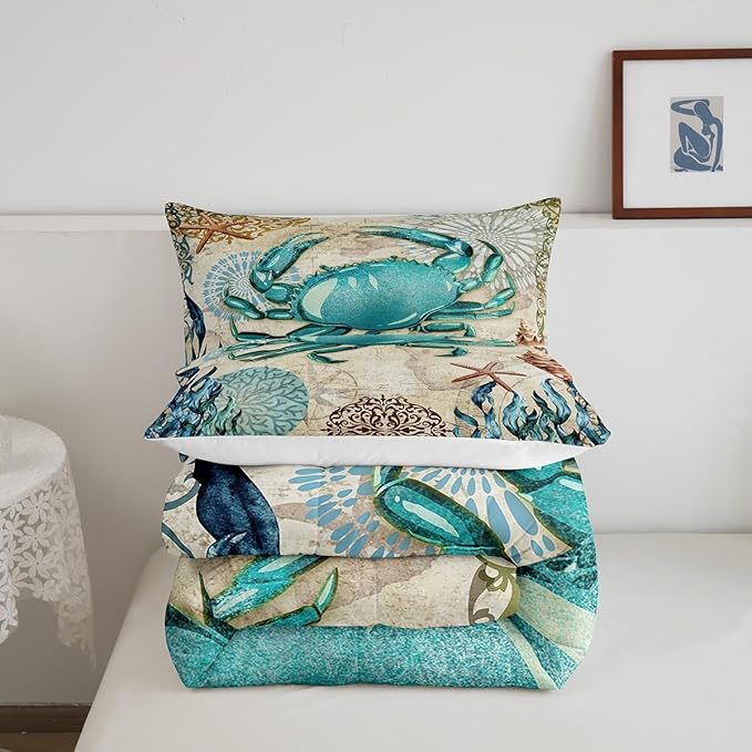 Sea Beach Theme Comforter Set Kids Beach Crabs Print Full Bedding 3D Sea Animal Crab Luxury Microfiber Quilted Duvet Set with 2 Pillowcases,Soft Lightweight Marine Life Decorative Bedding Soft Fluffy