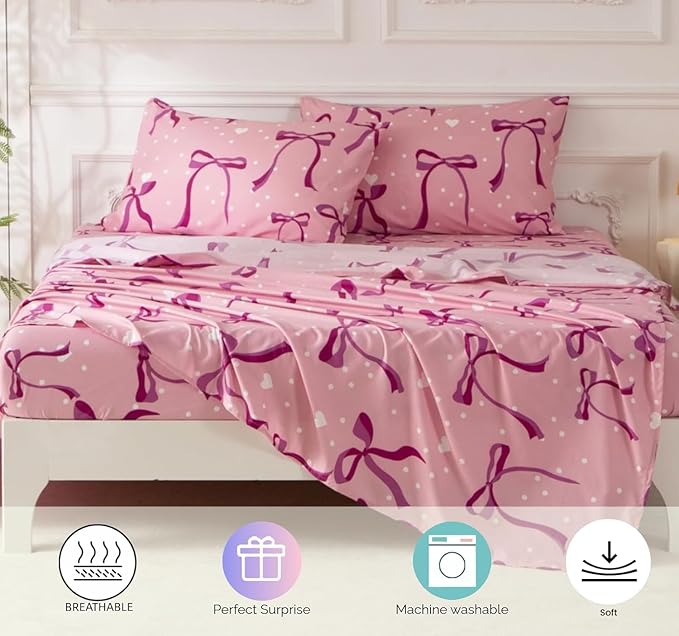 SDY 7PCS Twin Size Pink Bow Comforter & Sheet Set - Cute Room Decor Bedding for Girls, Includes 1 Comforter, 1 Flat &1 Fitted Sheet, 2 Pillowcases & 2 Pillow Shams, Cozy Adorable for Girls’ Bedroom