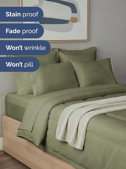 Full Comforter Set - 5 Piece Bed in a Bag Full Size Bed Set - Down Alternative Comforter, Flat Sheet, Fitted Sheet, Pillowcase & Shams for All Seasons - Ultra Soft, Comfy and Breathable - Sage Green
