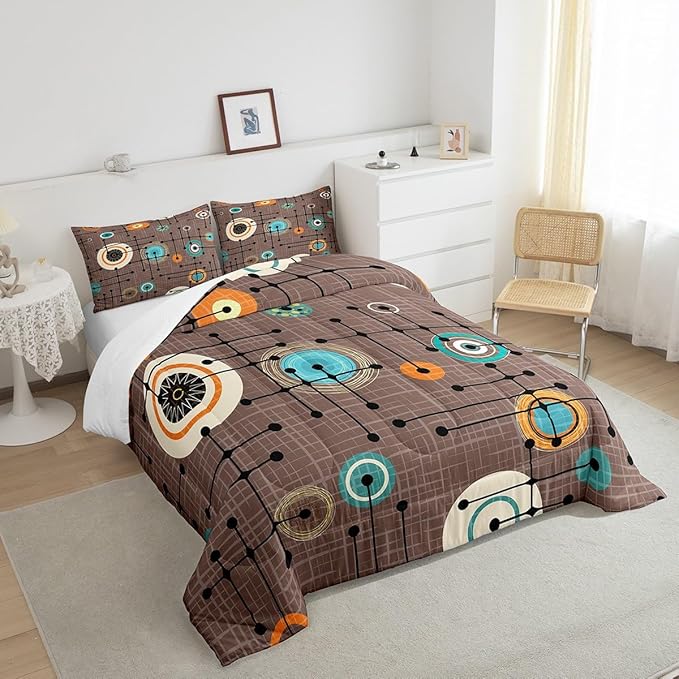 Geometric Grid Bedding Set Twin Brown Minimalism Comforter Set, Mid Century Duvet Insert Retro Atomic Quilt Comforter, Rainbow Circles Black Lines Bedding Comforters & Sets Abstract Room Decor