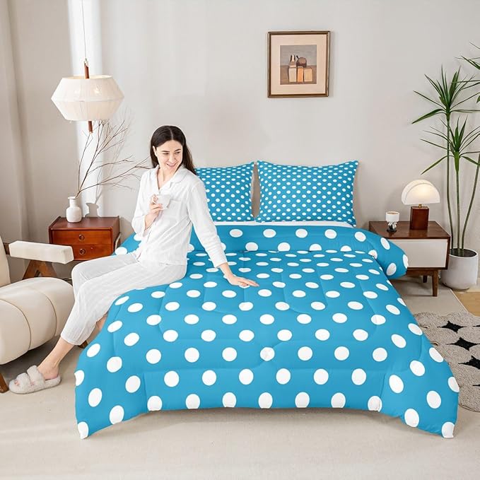 Manfei Polka Dots Comforter Set King Size 3 Pcs,Modern Geometric Circles Abstract Simple Art Bedding Set,Cartoon French Style Dots Blue White Quilt Set for Adults Bedroom,2 Pillowcases