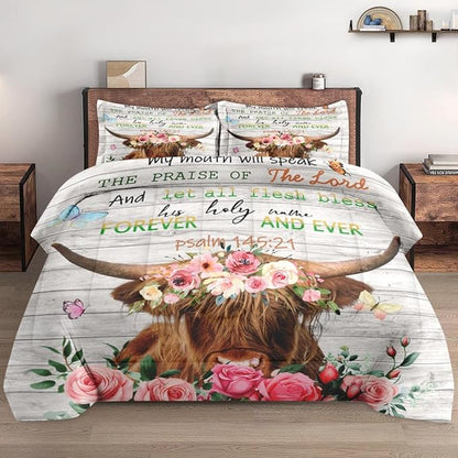 Comforter Set Full Size, Highland Cow Animal 3 Pcs Soft Bedding Set for Kids and Adults, Spring Farm Wood Flowers Comforter Set with 2 Pillowcases, for Bedroom Bed Decor