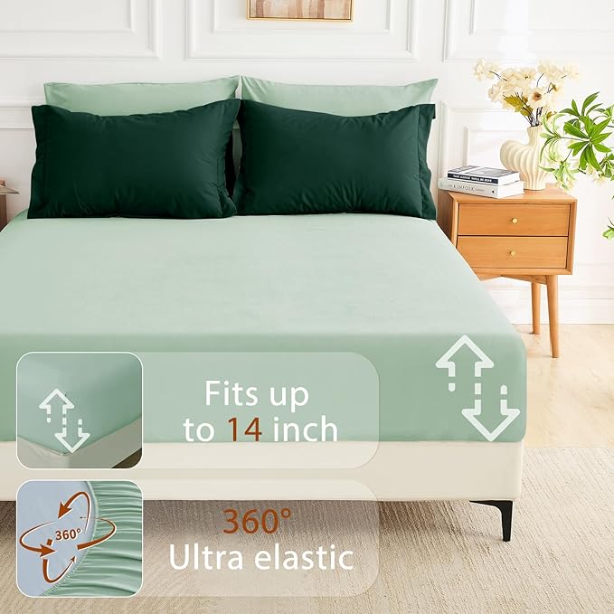 MUXHOMO 7 Pieces King Comforter Set, Soft Bed in a Bag King Size, All Season Bedding Set with Comforter, Flat Sheet, Fitted Sheet, Pillowcases & Shams, Forest Green & Sage Green