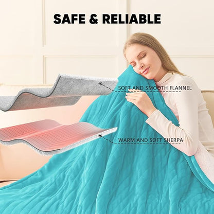greenoak Heated Blanket Electric Queen Size 84"X90" Dual Control, Heating Blanket with 10 Heat Levels 1/2/4/6/8 Hours Auto-Off, Sherpa Soft Warm Christmas Blanket, Aqua Green