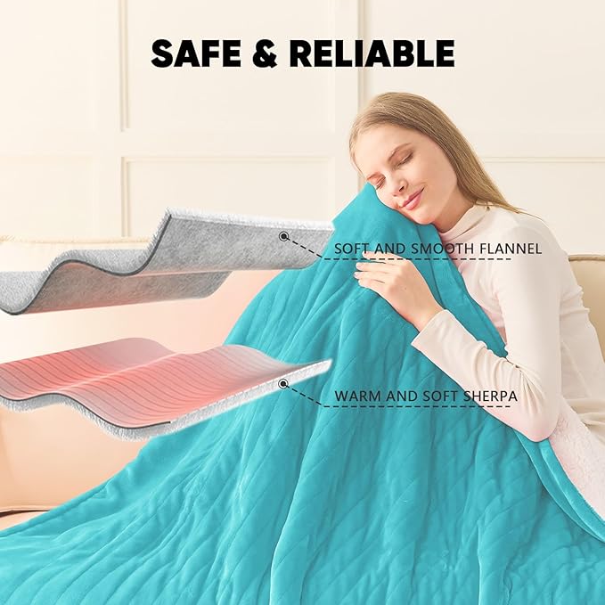 greenoak Heated Blanket Electric King Size 100"X90" Dual Control, Heating Blanket with 10 Levels 1/2/4/6/8 Hours Auto-Off, Soft Sherpa Christmas Blanket,Aqua Green