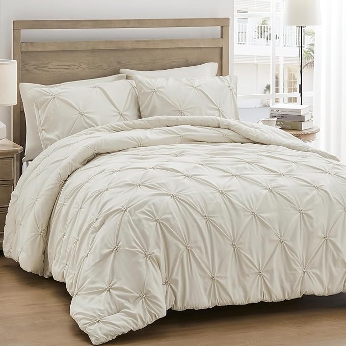 UNIKOME Queen Comforter Set Beige - Ultra Soft Boho Pintuck Cream Down Alternative Bedding Set for All Seasons, 3 Pieces Lightweight Warm Pinch Pleat Bed Set with Comforter, 2 Pillowcases