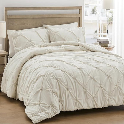 UNIKOME Queen Comforter Set Beige - Ultra Soft Boho Pintuck Cream Down Alternative Bedding Set for All Seasons, 3 Pieces Lightweight Warm Pinch Pleat Bed Set with Comforter, 2 Pillowcases