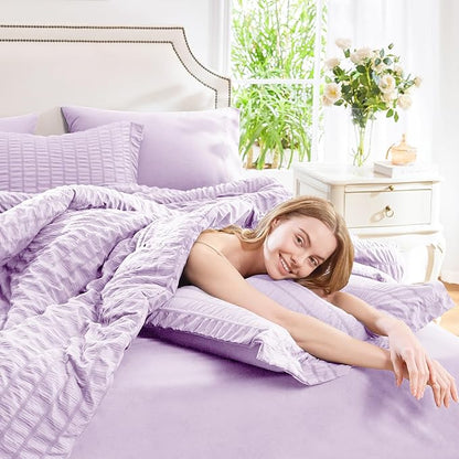 CozyLux King Seersucker Comforter Set Light Purple Bed in a Bag 7-Pieces All Season Lavender Bedding With Comforter, Pillow Sham, Flat Sheet, Fitted Sheet, Pillowcase