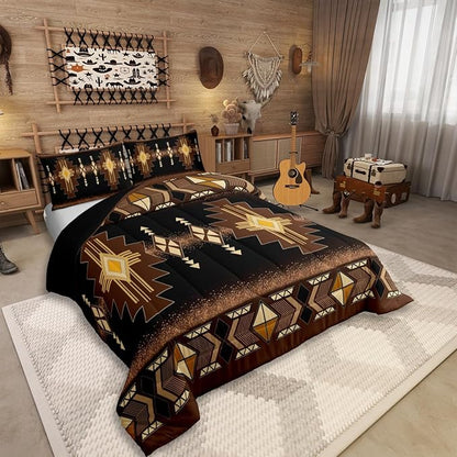 Erosebridal Boys Toddler Western Aztec Comforter Set, Boho Southwestern Bedding Set Brown Primitive Tribal Bedding Comforter Sets Boho Vintage Rural Quilt American Native Bedroom Decor for Teens
